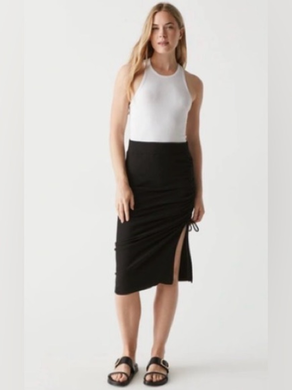 Michael Stars Black Midi Skirt with Side Ruche and Slit